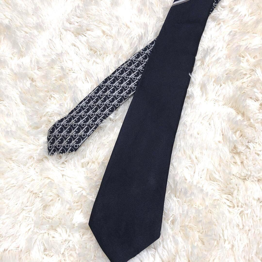 美品 箱付Dior Homme ネクタイ オブリーク総柄ネイビー シルク 【美品
