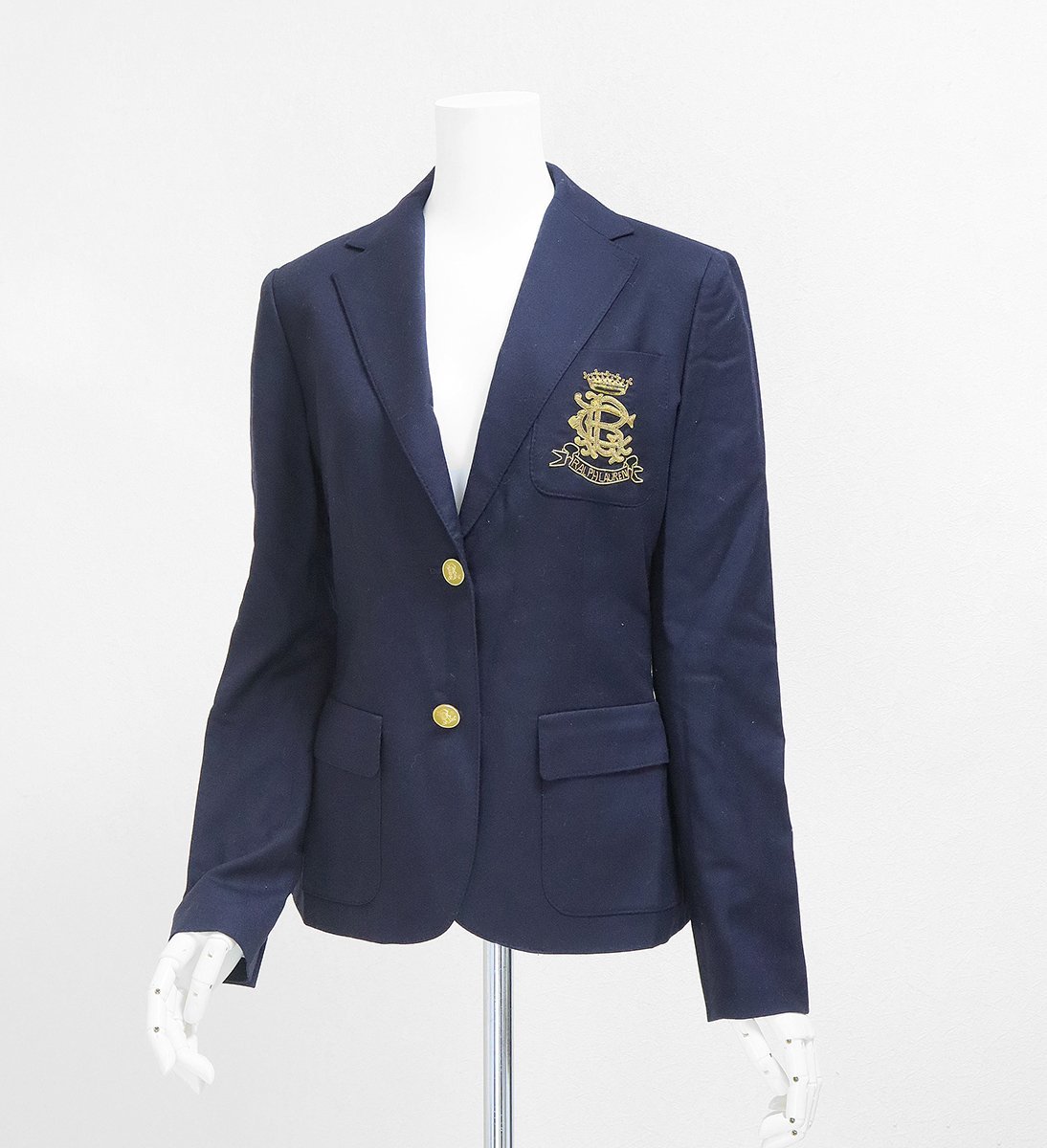 RALPH LAUREN ◆ ポケット刺繍 テーラードジャケット サイズ9 ネイビー 紺ブレザー 金ボタン ウール ラルフローレン ◆139/G115