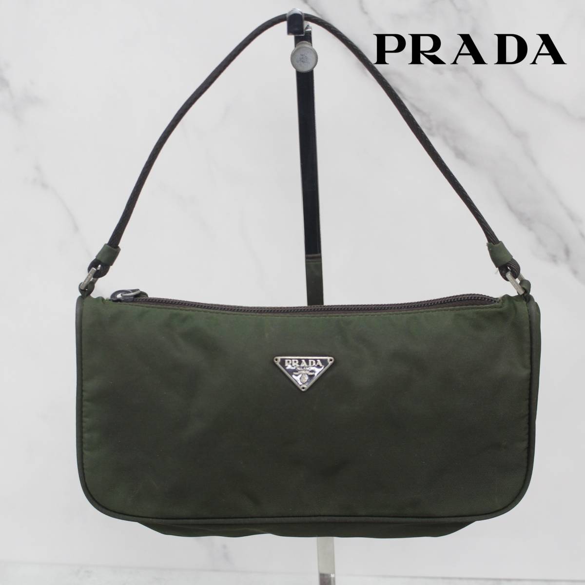 S162)PRADA/プラダ アクセサリーポーチ カーキ ナイロン ハンドバッグ