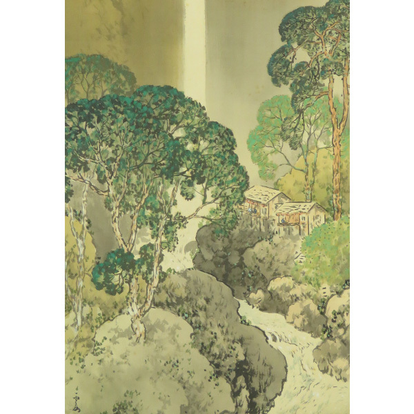 B-3850【真作】川北霞峰 肉筆絹本青緑 緑陰趣暑 共箱 二重箱 掛軸/日本画家 京都 師・菊池芳文 京都市美術工芸学校教諭 帝展審査員 書画_8