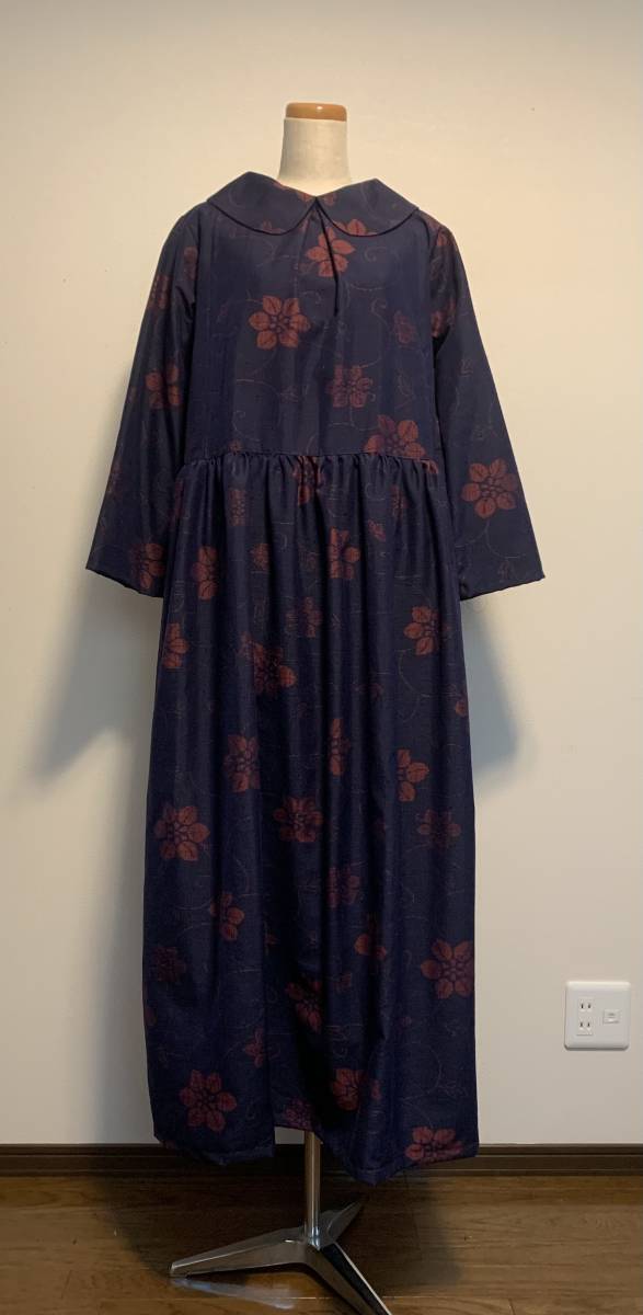 着物リメイク 上質紬 丸襟後ろボタンマキシAラインワンピースL※handmade※