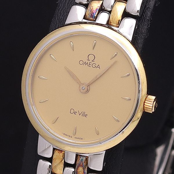 1円 稼働 良品 オメガ QZ デビル YG×SS ラウンド ゴールド文字盤 レディース腕時計 0057200YSD