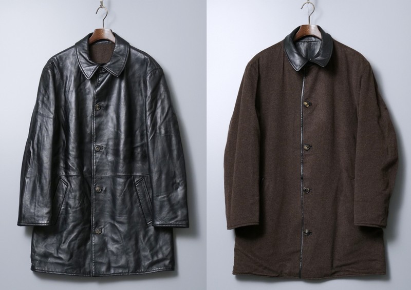 MF4621◇イタリア製 サルヴァトーレフェラガモ メンズ50 リバーシブル レザー×ウールカシミヤ ステンカラーコート レザーコート 黒×茶系