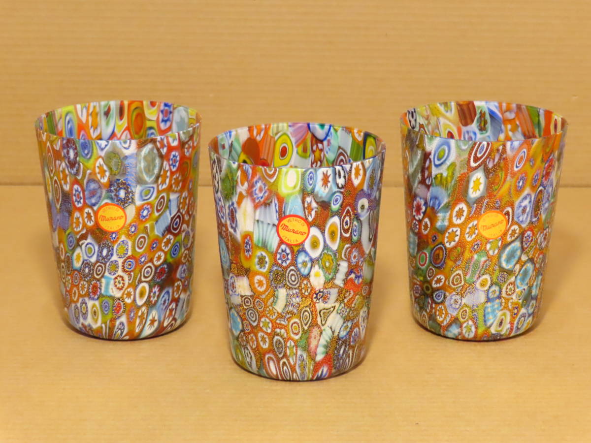 ムラーノ ベネチアン ガラス ミルフィオリ グラス 3点 ベネチア