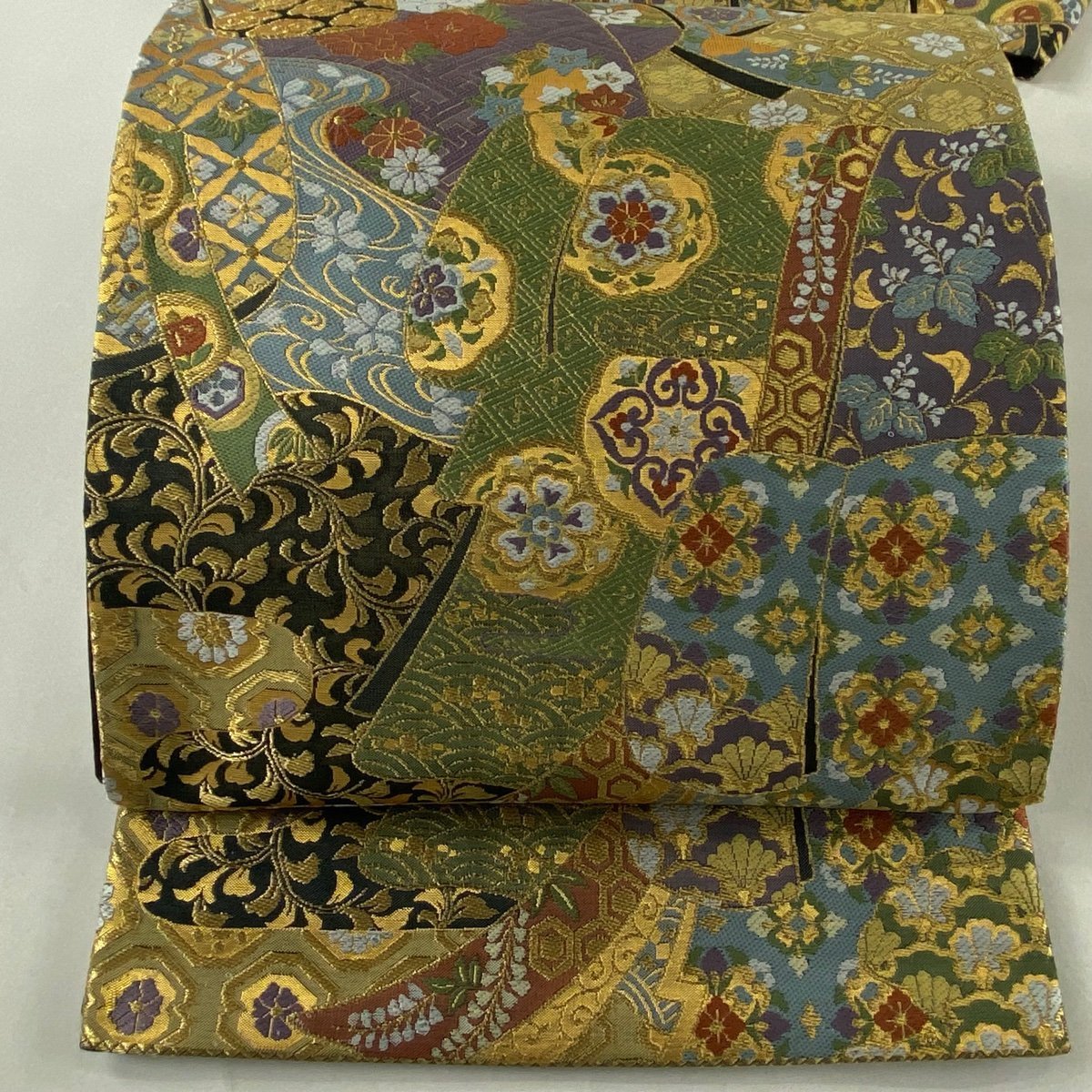 袋帯 美品 名品 千弐百細密織 草花 金糸 箔 金色 六通 正絹 【中古