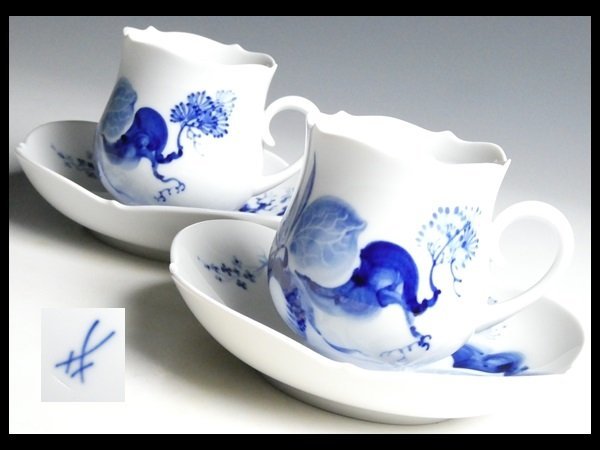 n564 Meissen マイセン ブルーオーキッド ペア カップ＆ソーサー 2客