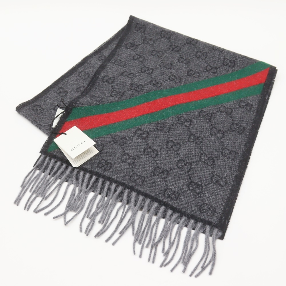 【未使用】 GUCCI グッチ GG柄 シェリーライン マフラー 570603 ブラック グレー ウール アルパカ フリンジ 