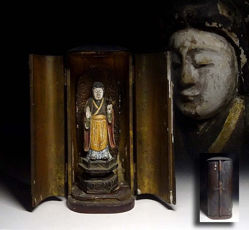 緑屋s□ 時代物 木彫 仏像 立像 採色 高約22cm 厨子付 仏教