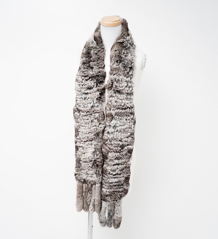 GO2778》【最高級毛皮】チンチラファー*チンチラヤーン*本毛皮*フリンジ*ファーストール*ショール*マフラー*アイボリー×ダークブラウン系