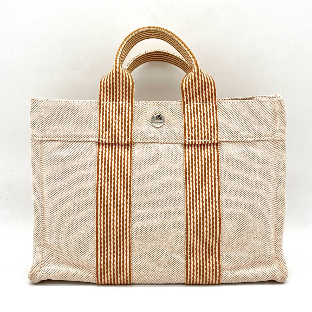 1円 エルメス フールトゥ PM キャンバス トートバッグ カーキ×ネイビー 