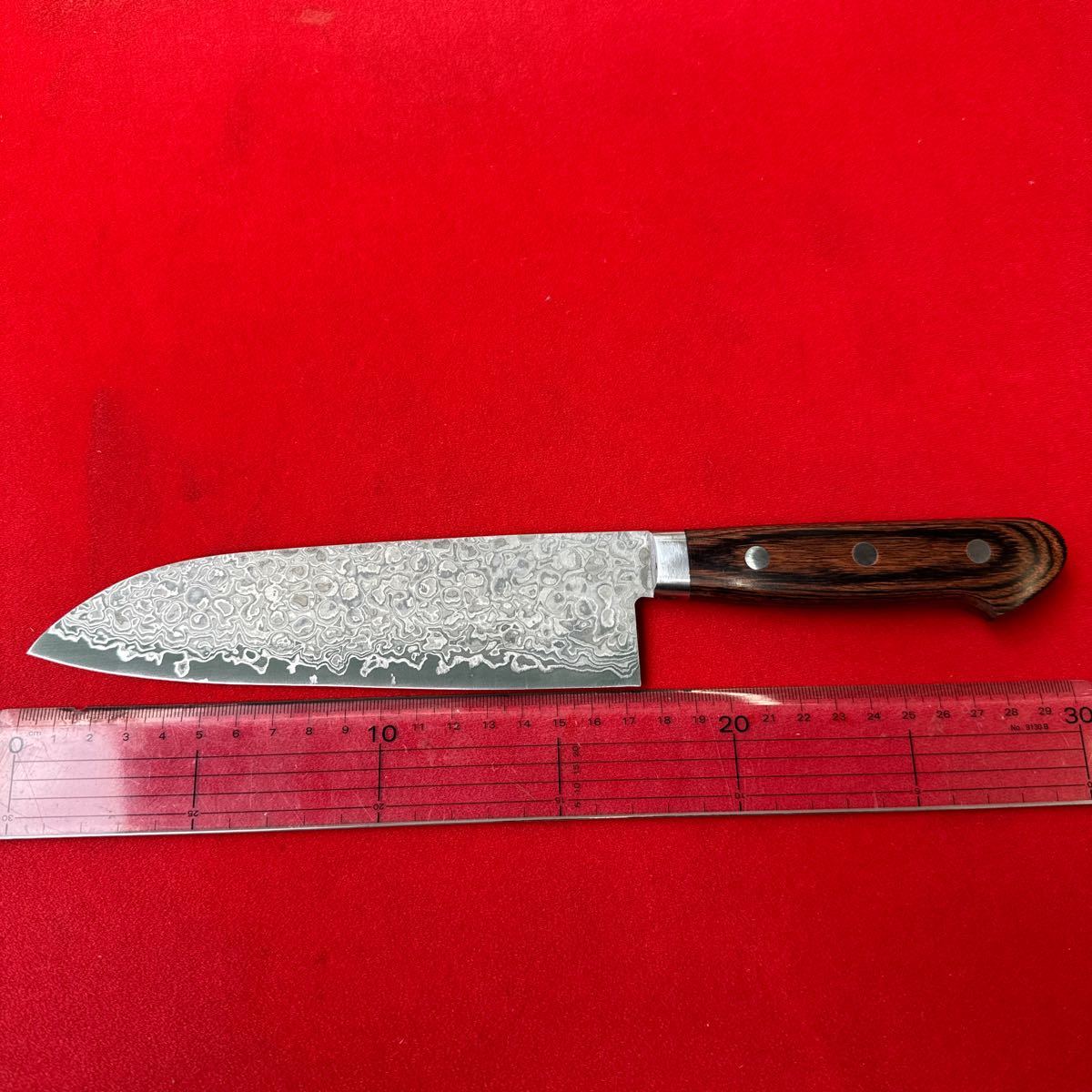 (280) 本惣 玉印 ①特大 全長３１２㎜ 1円スタート 新品 土佐打刃物】三徳包丁 ホワイトダマスカス コバルト