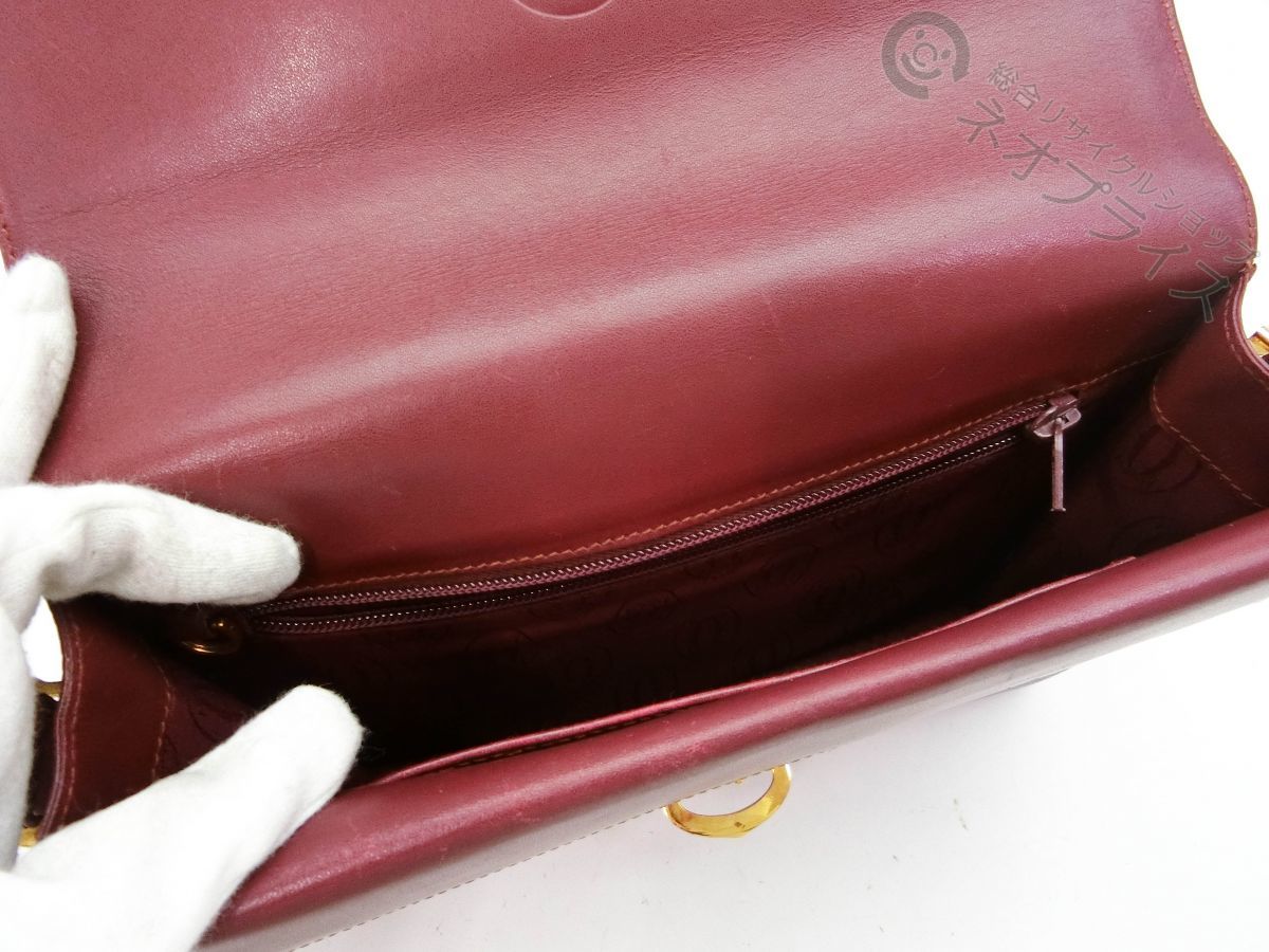 ◆A6845 Cartier カルティエ C金具 ボルドー レザー ショルダー バッグ