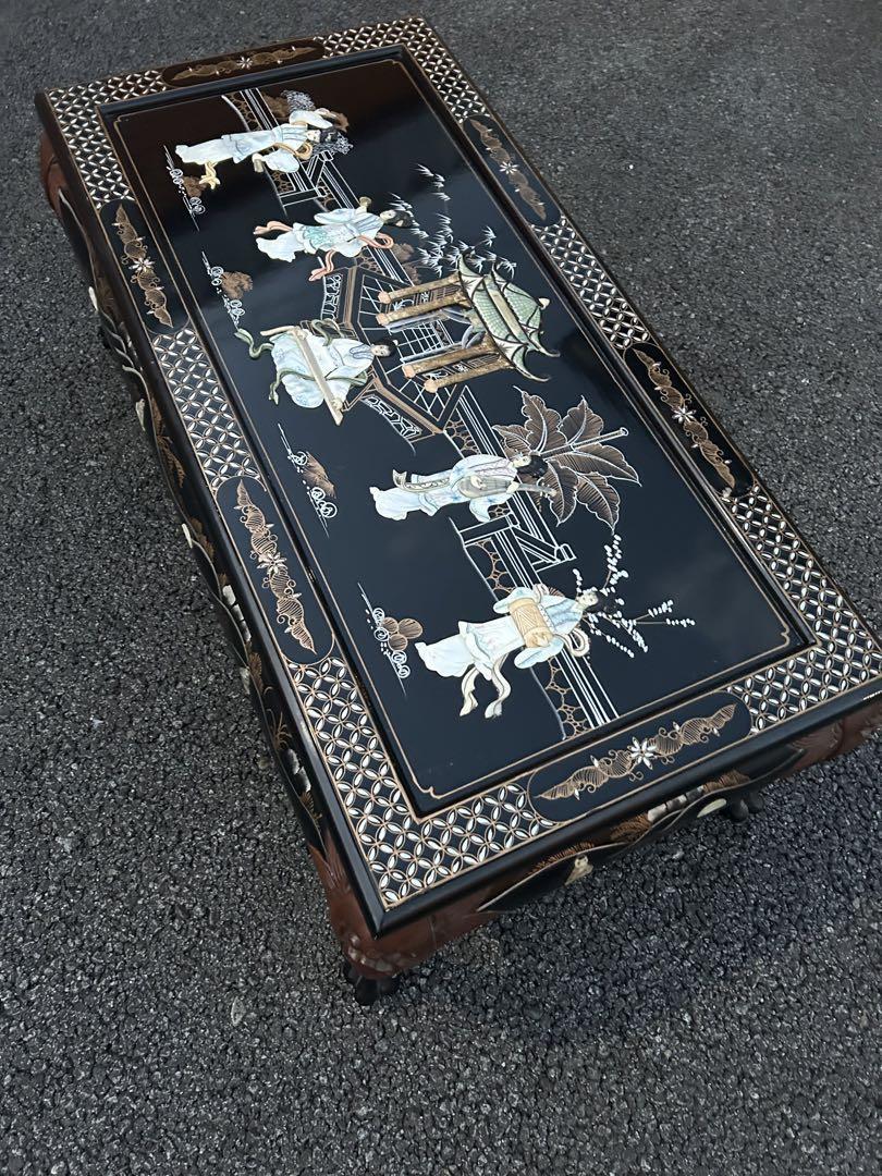 螺鈿細工 テーブル 机 座卓 鳳凰 鳥 花 黒 楕円 木製 工芸品 家具