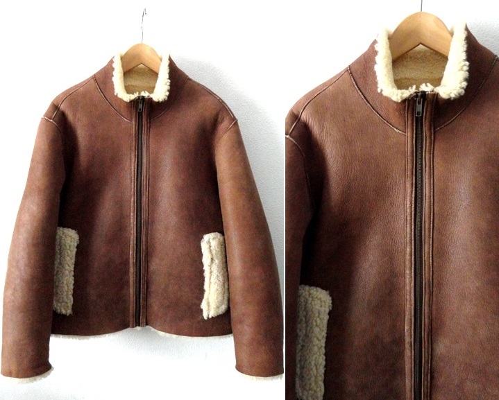 状態良好/上質 羊革/リアルムートン 立ち襟 シングル ライダース  