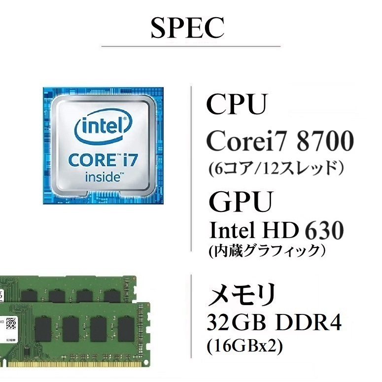 爆速6コア/12スレッド！/ Corei7-8700/ 新品M2:SSD-1TB/ メモリ-32GB