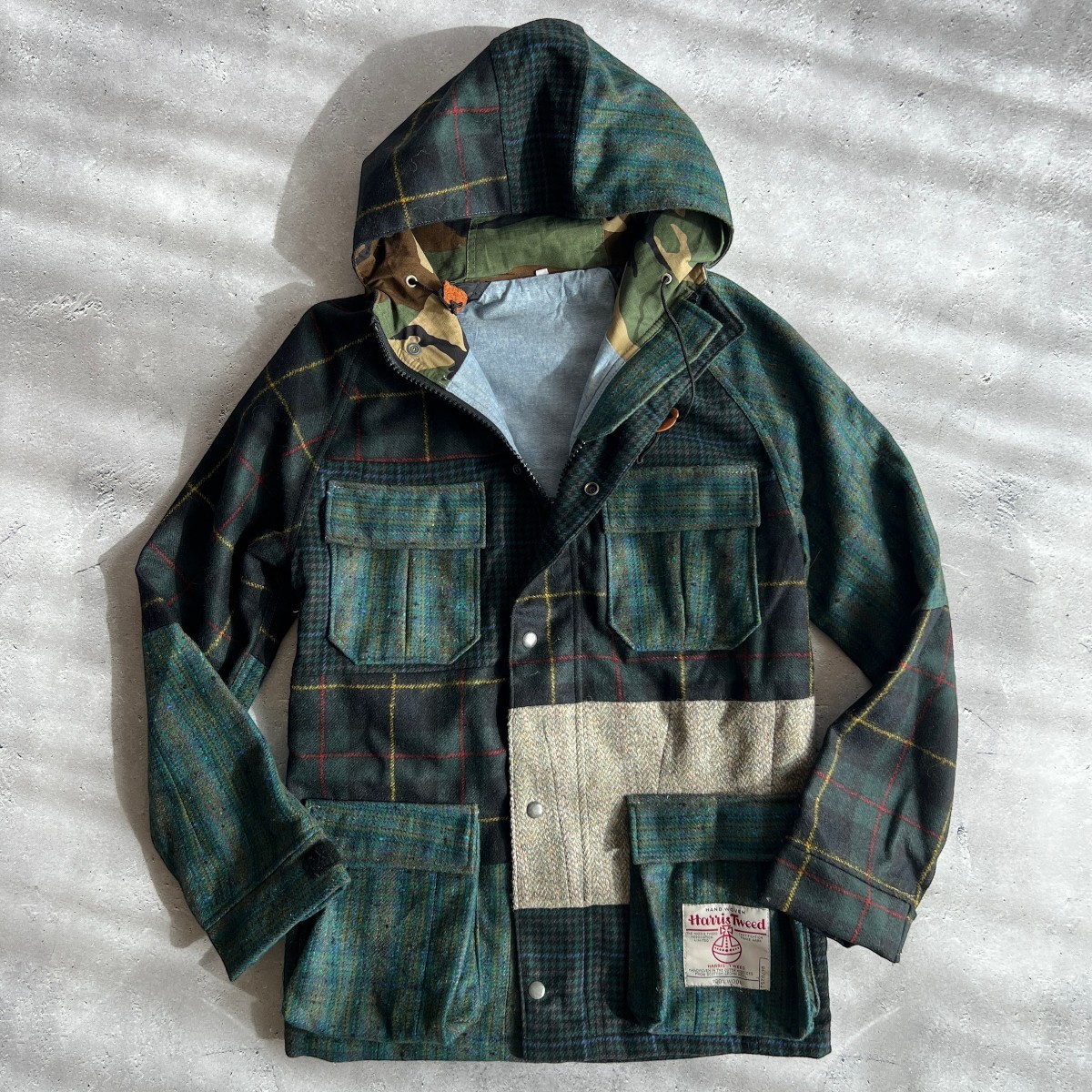美品 イギリス製 Harris Tweed ハリスツイード M メンズ ヴィンテージ リメイク クレイジー パッチワーク ジャケット マウンテンパーカー