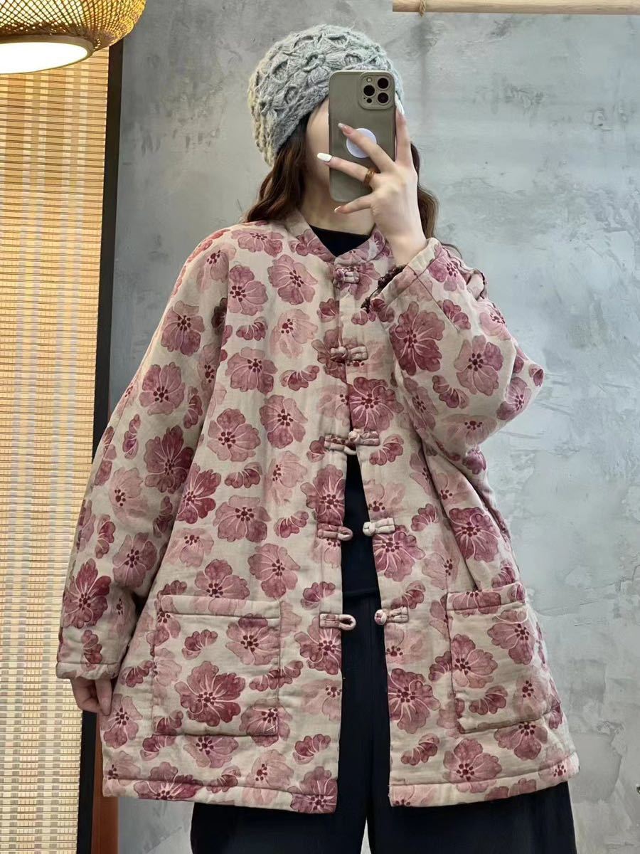 レディース秋冬　アウター　ショットコート中綿　肌触りいい　綿コットン厚手　羽織物暖かい　素敵花柄