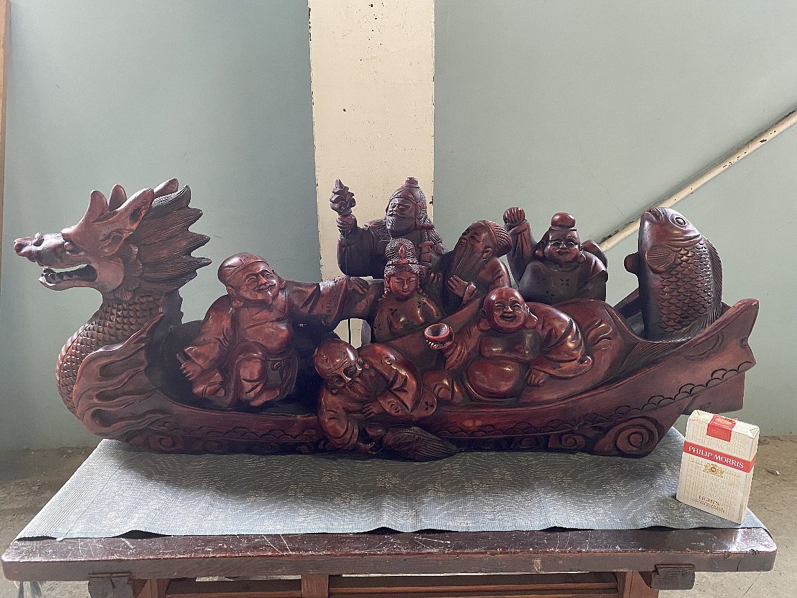 彫刻 龍 宝船 七福神 縁起物 置物 全長76cm 木製彫刻置物 Yahoo!オークション 木彫り 龍宝船七福神 開
