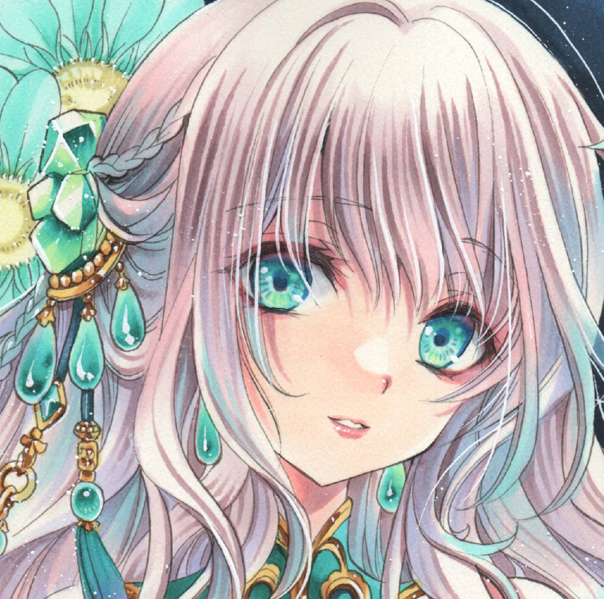 同人手描きイラスト・オリジナル『ガーベラ・咲くエメラルド』A4サイズ