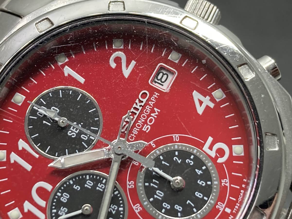 1円～稼働品・SEIKO/セイコー クロノグラフ 50M 赤文字盤 7T92-0CA0 