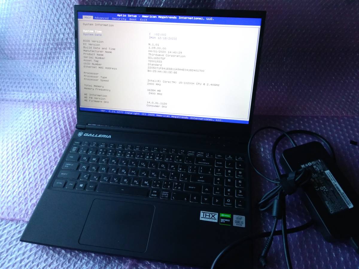 Galleria GCL1650TGF/Core i5-10200H/GTX1650Ti/16GB/M.2 SSD(NVMe 