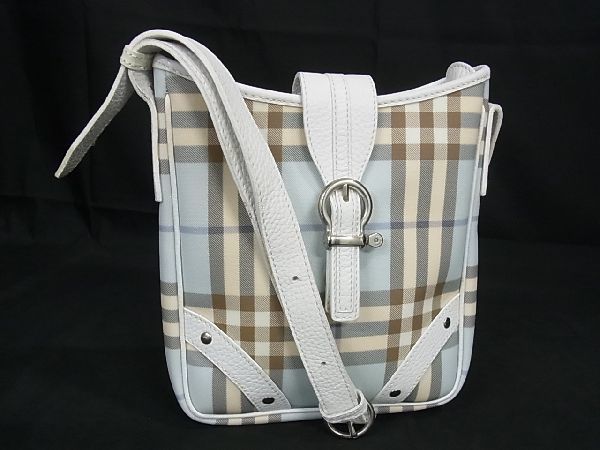 1円 ■美品■ BURBERRY バーバリー PVC×レザー クロスボディ ショルダーバッグ 斜め掛け レディース ライトブルー系×ホワイト系 AT4950