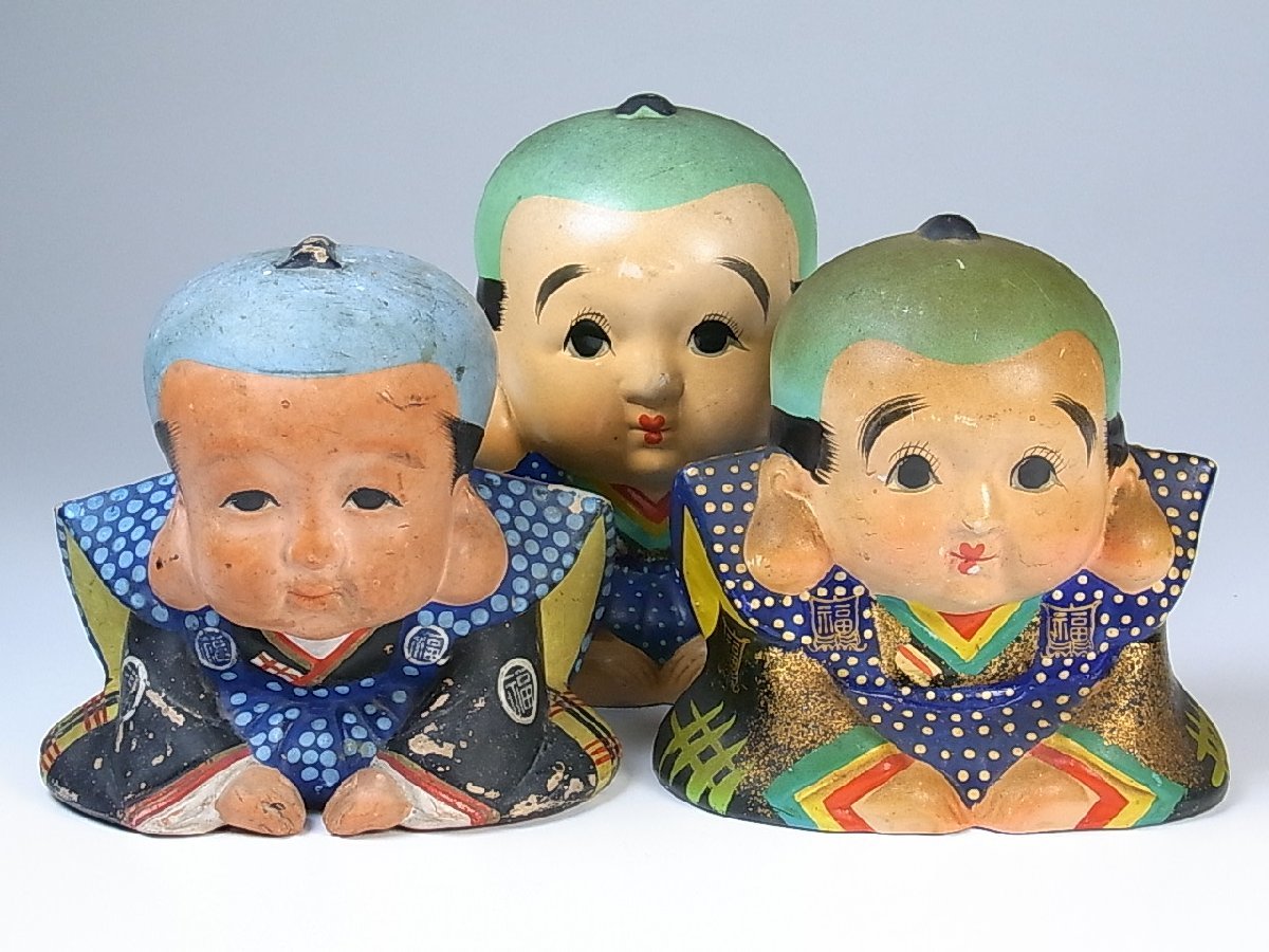 時代 福助人形 彩色 置物 貯金箱 3点まとめて 福助足袋 非売品 
