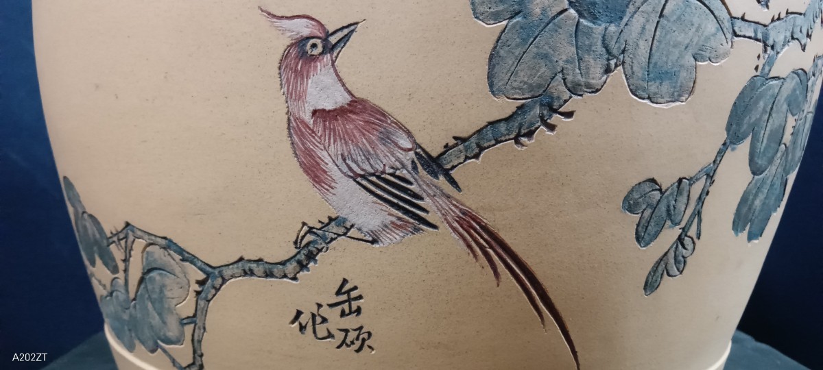 中国古盆器 中国宜興 朱泥 文革期 在落款刻 漢文 花鳥図 釘彫 漢詩 唐