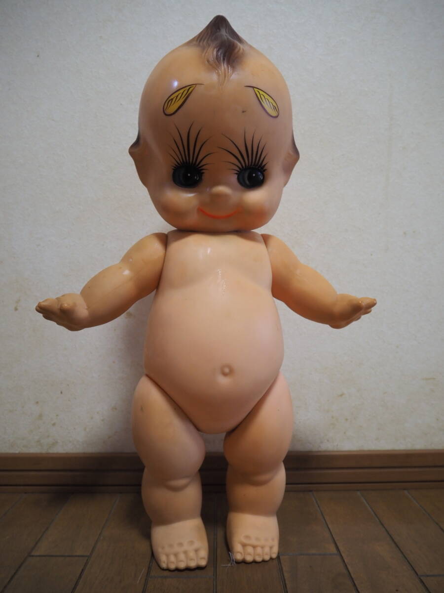 昭和レトロ 特大 キューピー人形 緑の羽根 眉毛 長いまつ毛 ソフビ人形