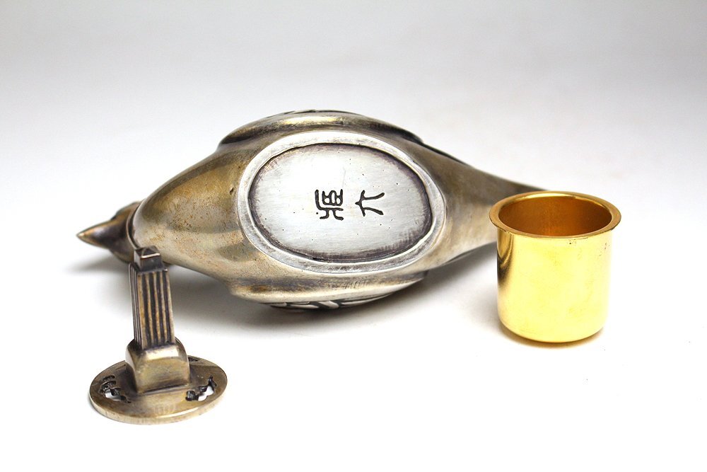 ◇SABI◇ 三世 秦 蔵六 造 塗銀銅 鳳凰置物（香炉） 在銘 共箱 ◇ 煎茶