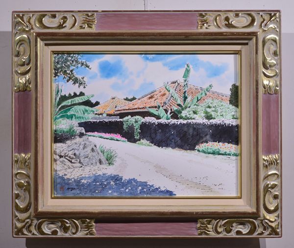瓢】真作 比嘉英男 水彩画 6号 沖縄の風景 経歴・色紙書付属 琉球 首里