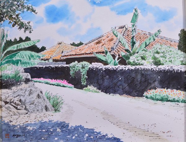 瓢】真作 比嘉英男 水彩画 6号 沖縄の風景 経歴・色紙書付属 琉球 首里