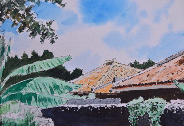 瓢】真作 比嘉英男 水彩画 6号 沖縄の風景 経歴・色紙書付属 琉球 首里