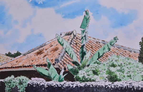 瓢】真作 比嘉英男 水彩画 6号 沖縄の風景 経歴・色紙書付属 琉球 首里