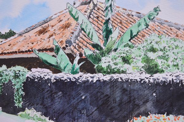 瓢】真作 比嘉英男 水彩画 6号 沖縄の風景 経歴・色紙書付属 琉球 首里