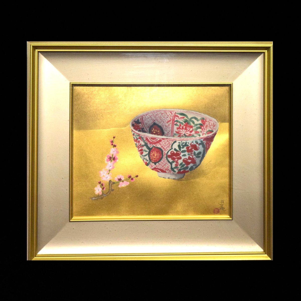 8-15959)小倉遊亀『紅梅と古鉢』125/350 手摺木版画 木版画 金貼