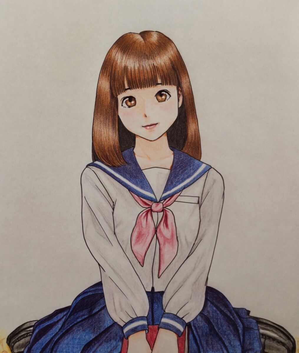 手描きイラスト オリジナル 色鉛筆画B5サイズ原画 セーラー服 読書の秋