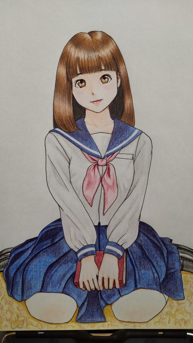 手描きイラスト オリジナル 色鉛筆画B5サイズ原画 セーラー服 読書の秋