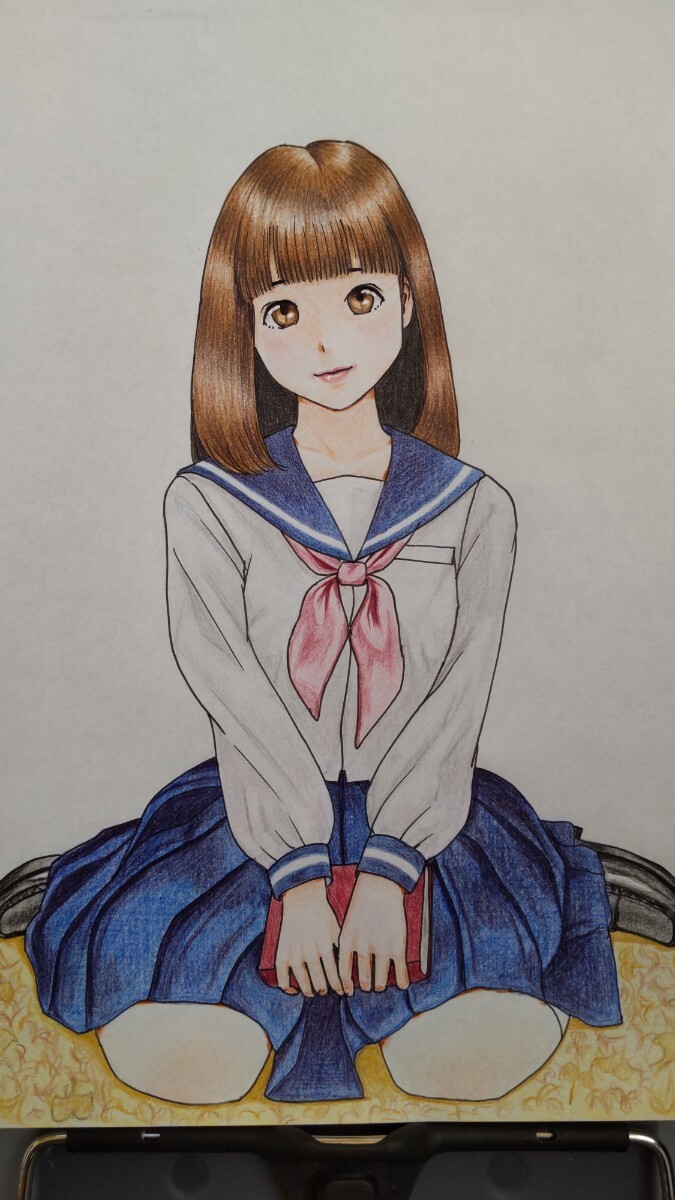 手描きイラスト オリジナル 色鉛筆画B5サイズ原画 セーラー服 読書の秋