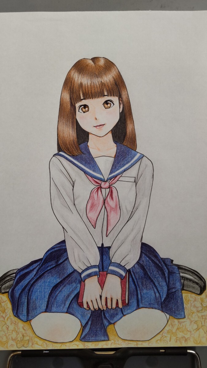 手描きイラスト オリジナル 色鉛筆画B5サイズ原画 セーラー服 読書の秋