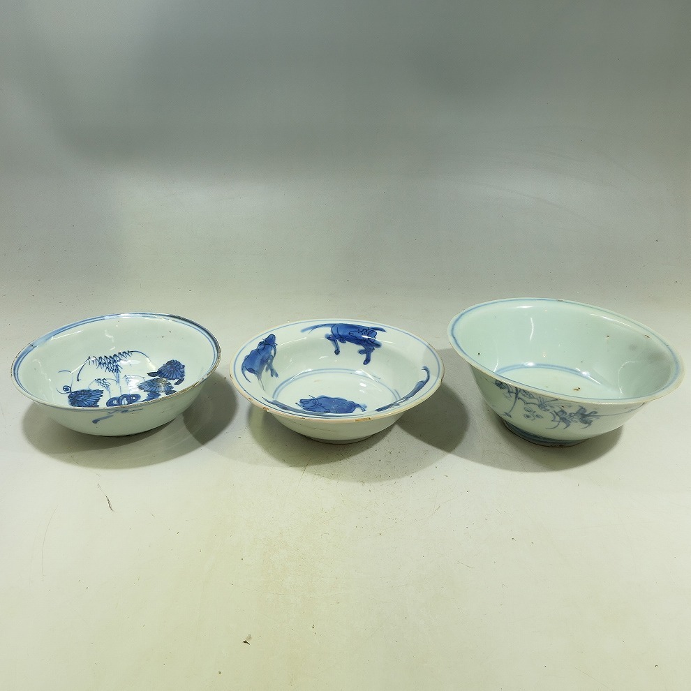 GMS】古染付 青華 草花文 茶碗 明末清初 口径約15.2～15.8cm (検索