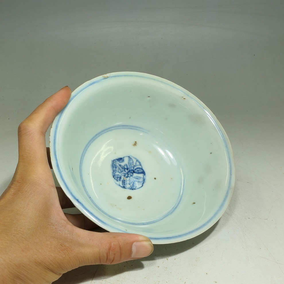 GMS】古染付 青華 草花文 茶碗 明末清初 口径約15.2～15.8cm (検索
