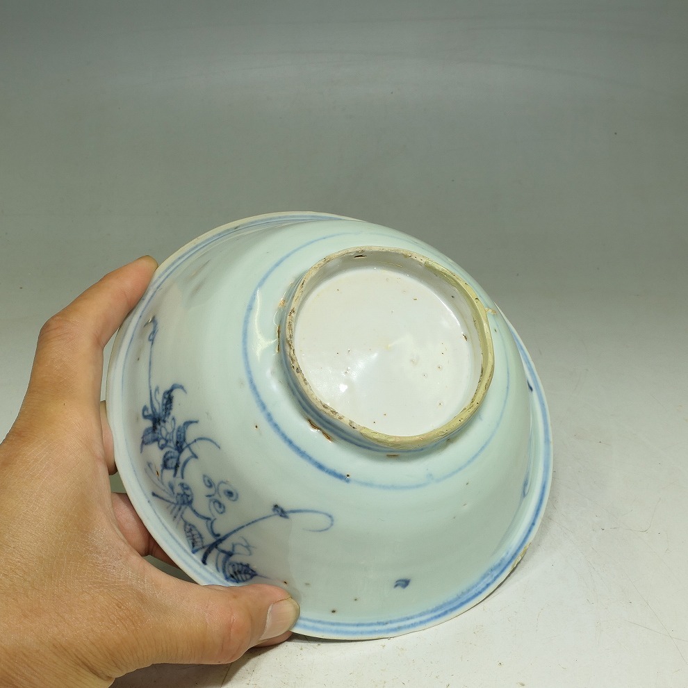 GMS】古染付 青華 草花文 茶碗 明末清初 口径約15.2～15.8cm (検索