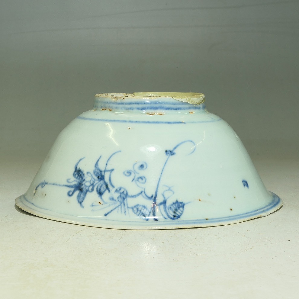 GMS】古染付 青華 草花文 茶碗 明末清初 口径約15.2～15.8cm (検索