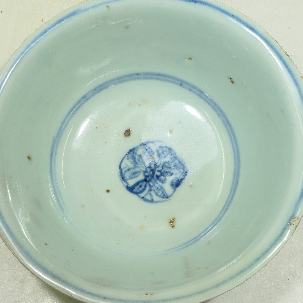 GMS】古染付 青華 草花文 茶碗 明末清初 口径約15.2～15.8cm (検索