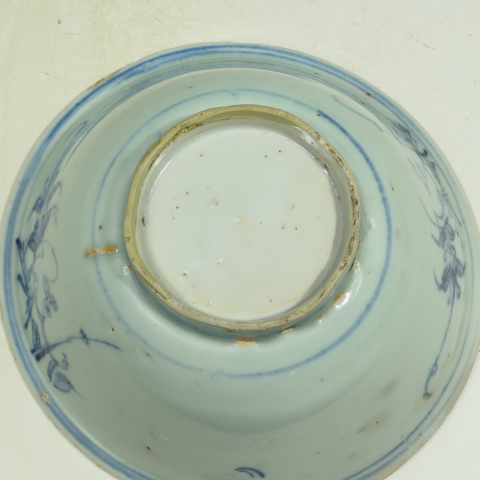 GMS】古染付 青華 草花文 茶碗 明末清初 口径約15.2～15.8cm (検索