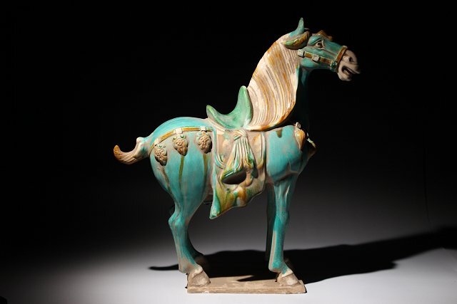☆百合☆唐三彩馬 高さ約39.5cm (検)青緑釉 三彩釉 置物 唐物 中国美術