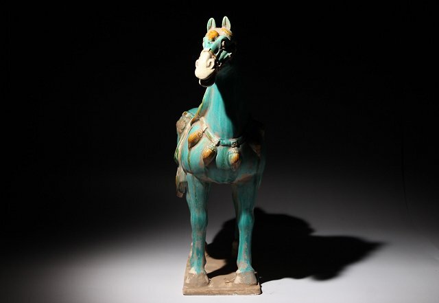 ☆百合☆唐三彩馬 高さ約39.5cm (検)青緑釉 三彩釉 置物 唐物 中国美術