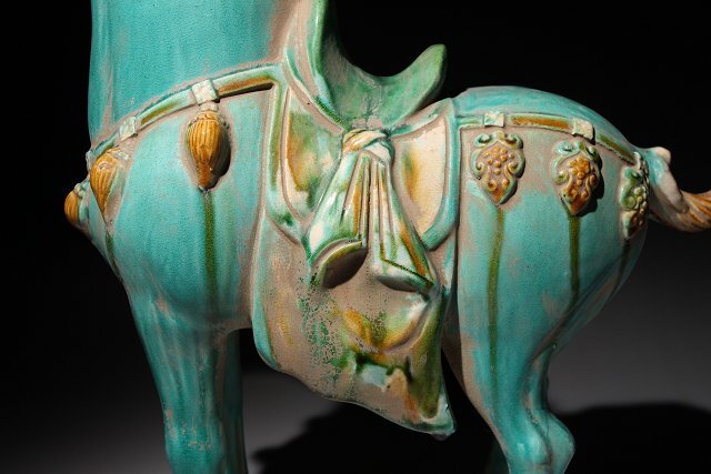 ☆百合☆唐三彩馬 高さ約39.5cm (検)青緑釉 三彩釉 置物 唐物 中国美術