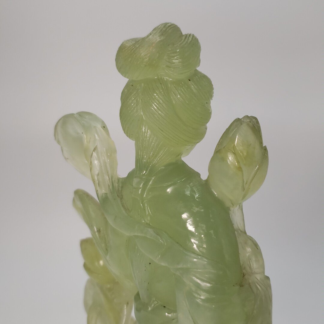 中国古玩 唐物 天女 砡石 緑砡石 玉石 置物 時代物 蓮の花 羽衣 極上品